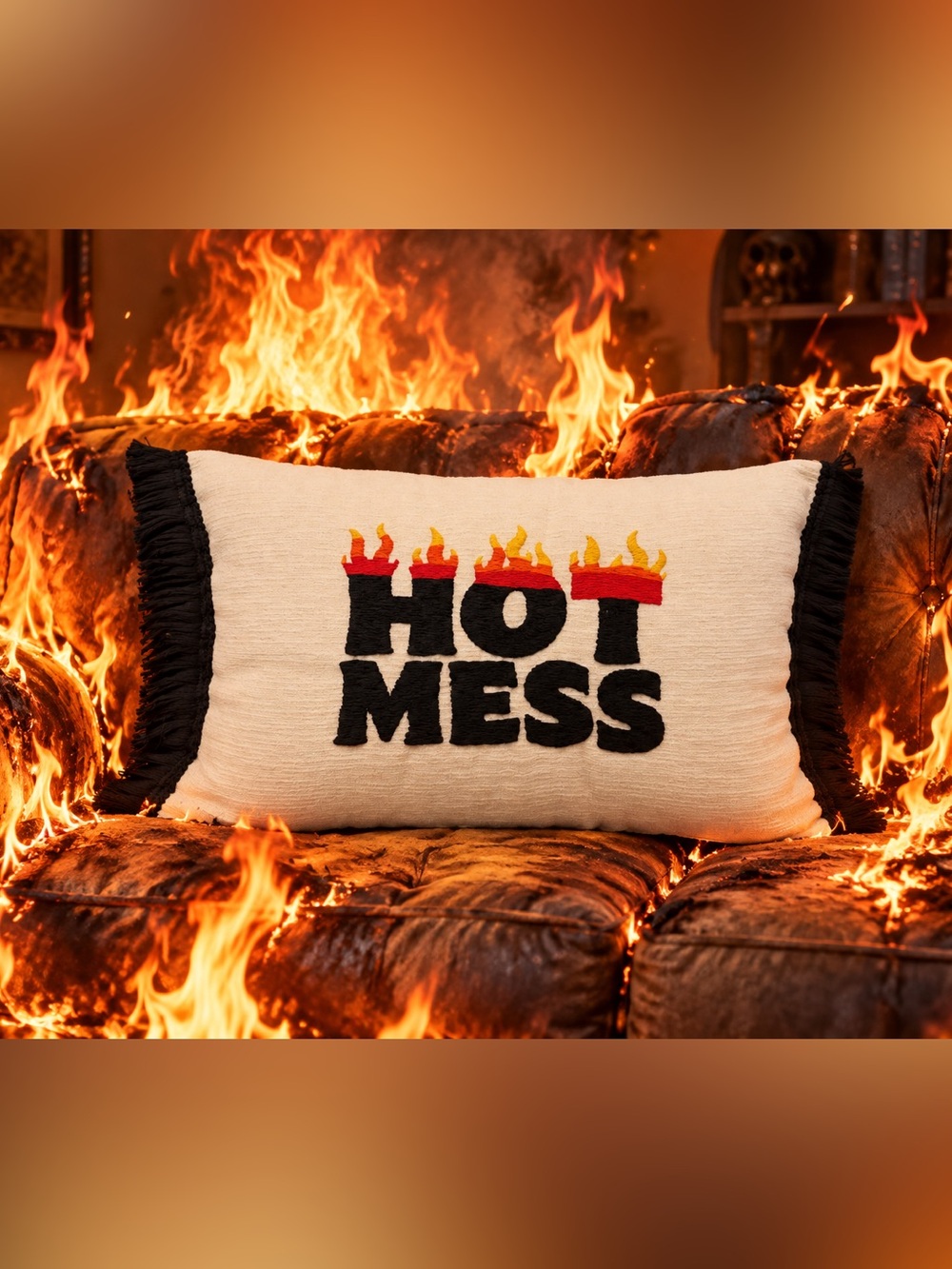 Hand Embroidered HOT MESS Accent Pillow with Black Fringe